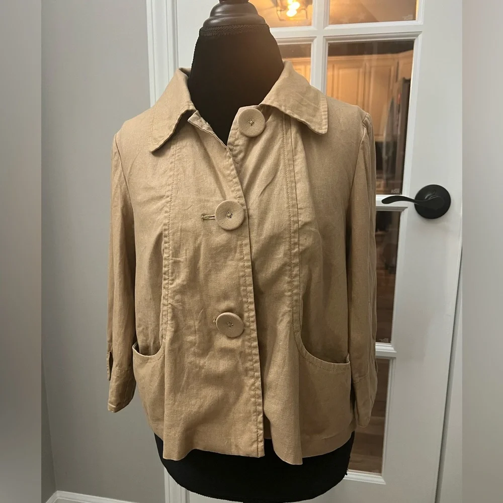 Relativity Tan Button-Front linen blend Trench Jacket Sz M EUC